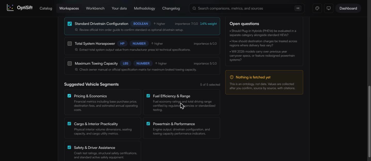 Unchecked metrics, suggested segments, and the nothing-is-fetched notice
